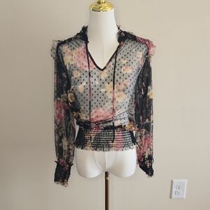 Moa Moa Black Floral Sheer Blouse Peasant Whimsigoth Boho Romantic Medium